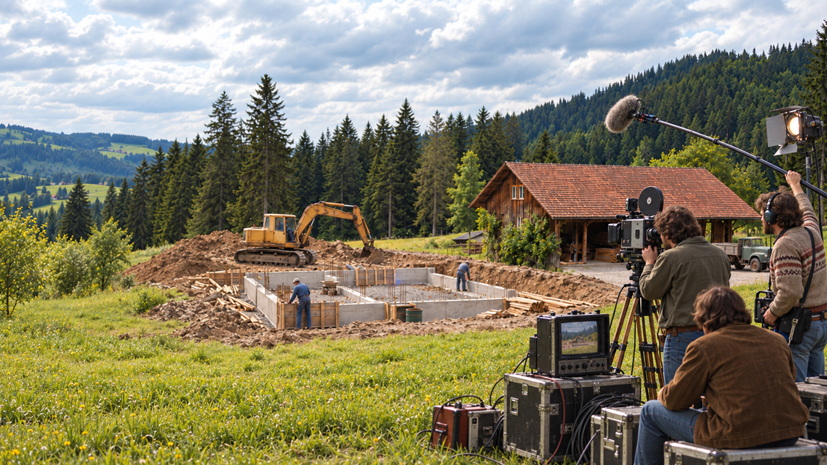Filmteam rechts im Bild: Kamera auf Holzstativ, Monitor und Tonangel; links steht ein gelber Bagger beim Betonfundament auf einer Blumenwiese