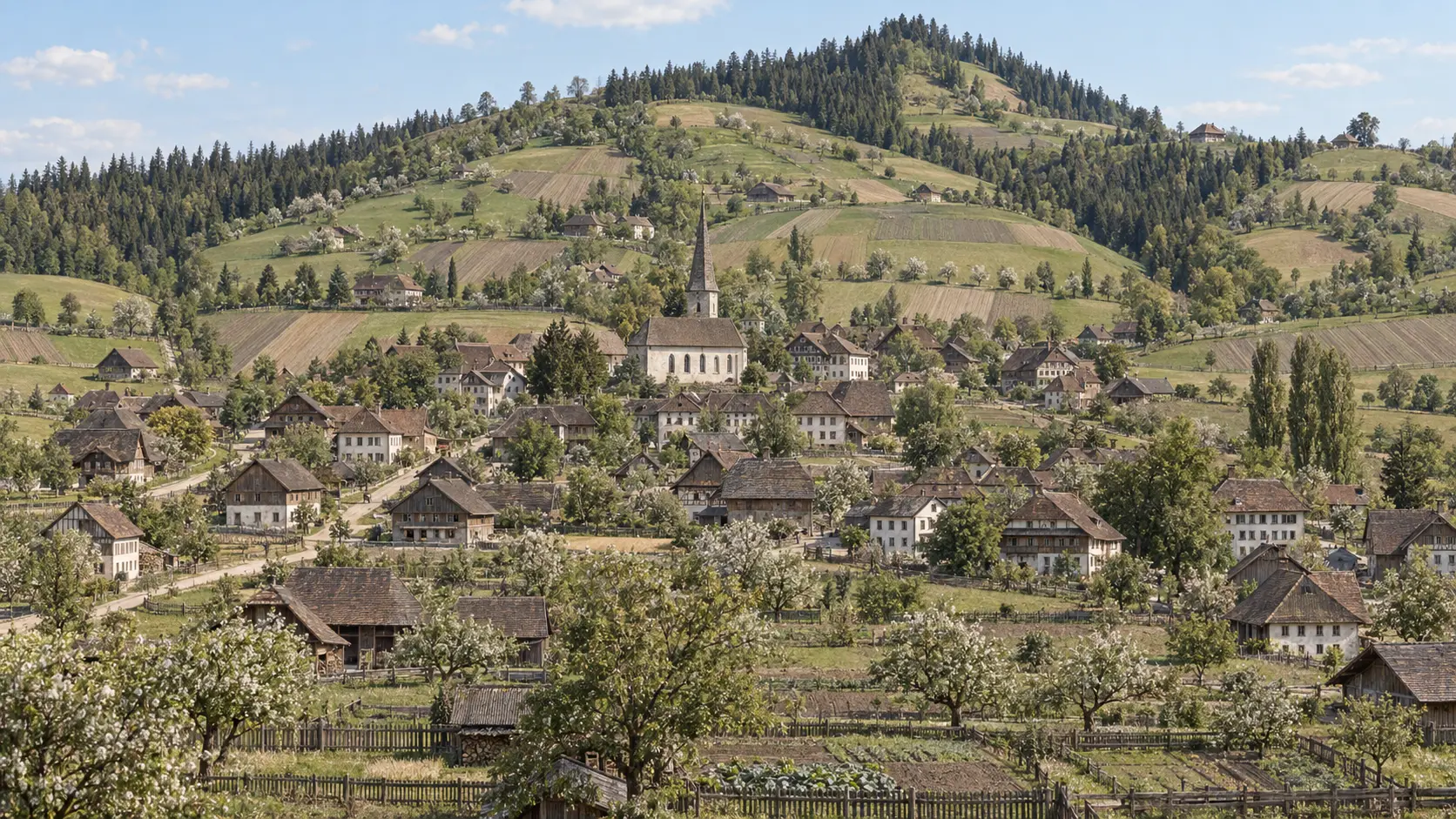 KI-Interpretation der historischen Langnau-Vedute mit Farbe und Licht