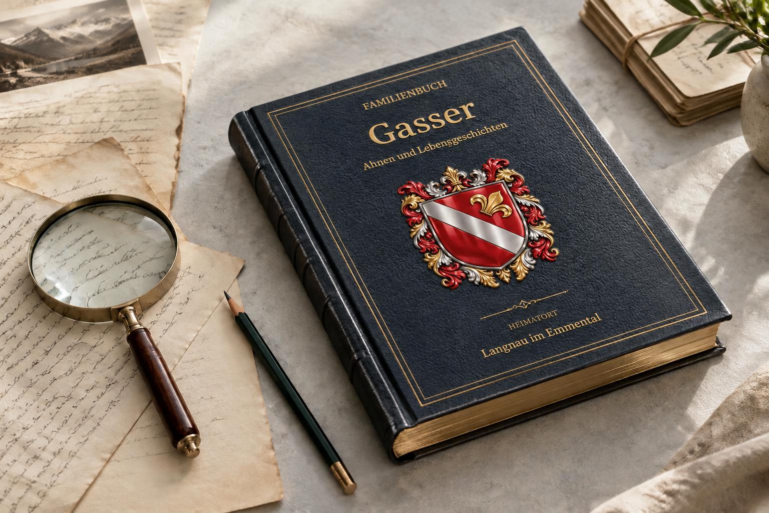 Familienbuch Gasser mit Goldprägung und erhabenem Wappen – KI-Mockup